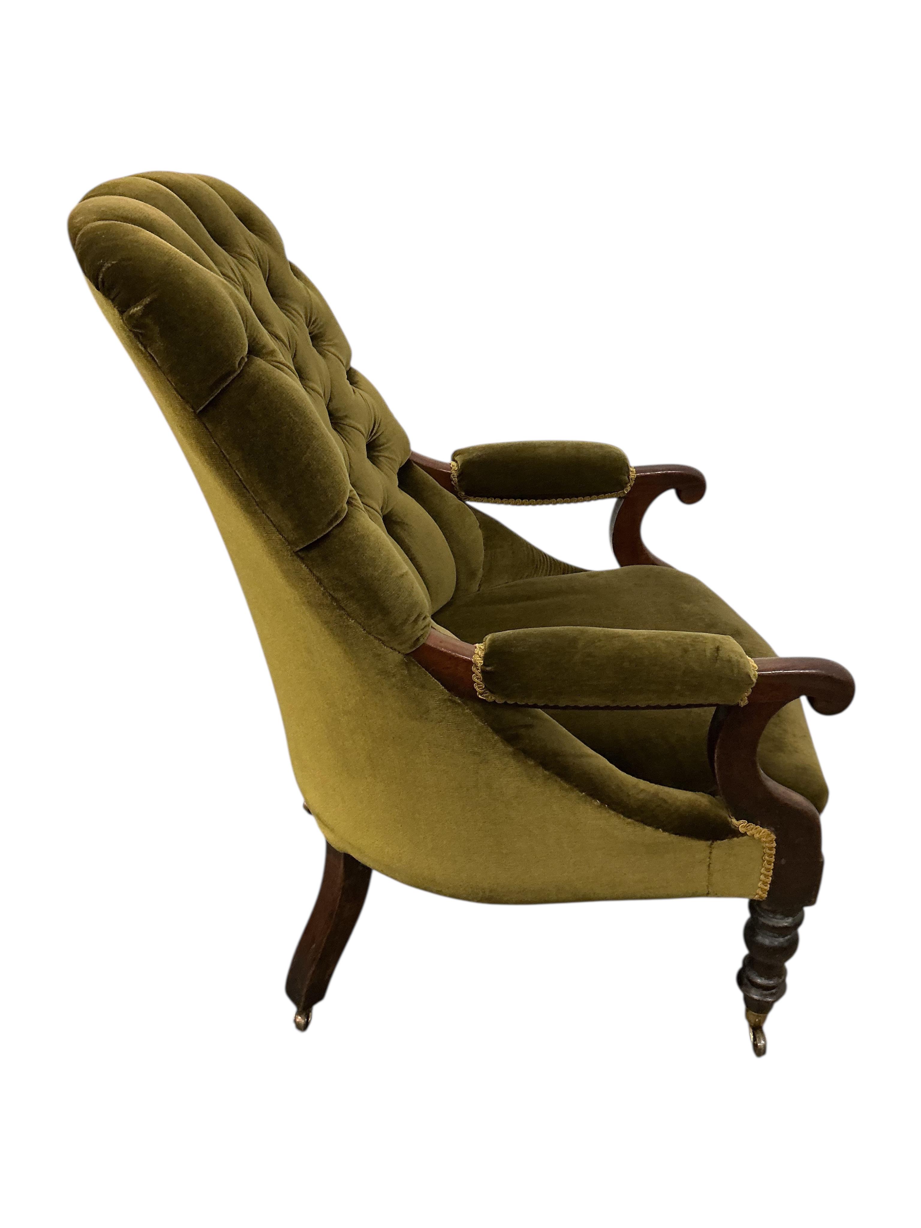 Two Victorian upholstered mahogany spoonback armchairs, larger width 76cm, depth 66cm, height 104cm together with a Victorian rosewood cabriole leg stool